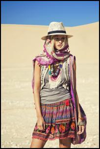 Colorful accessories compliment the 70's hippy chic look.
