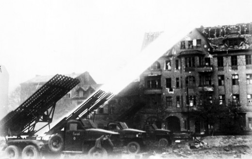 Soviet Katyusha rocket launchers firing in the Battle of Berlin, April 1945