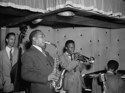 Charlie Parker, with Miles Davis, Duke Jordan, and Tommy Potter.  (Not shown:  drummer Max Roach.)