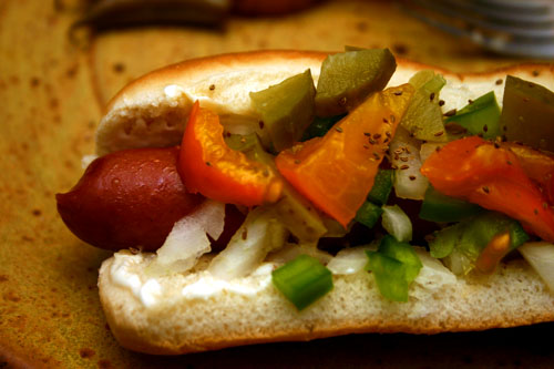a variation on Chicago-style hot dogs