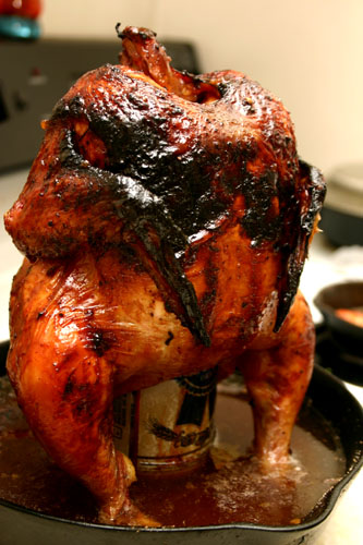 beer can chicken, ready to be carved
