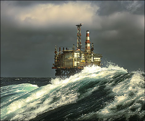 Oil rig in a stormy North sea