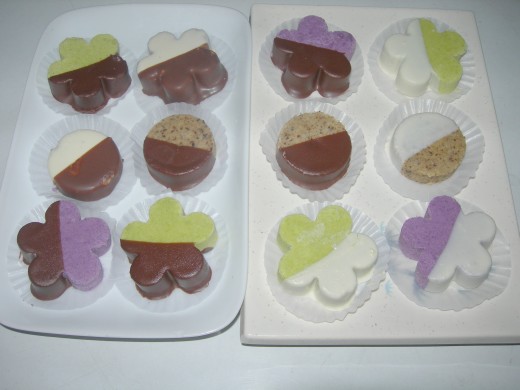dipped and double coated assorted homemade polvorons in dark and white chocolate