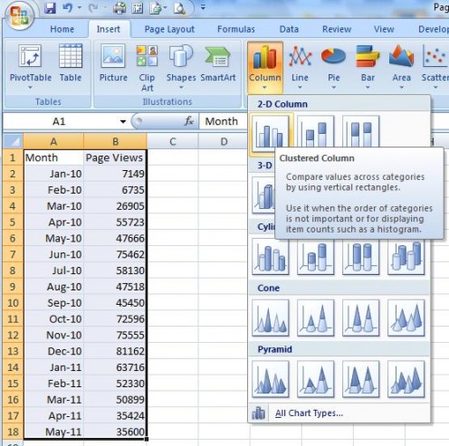 Choosing the Graph type in Excel 2007