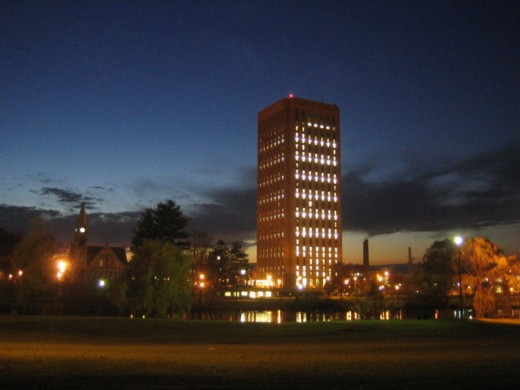 UMass Amherst campus night view