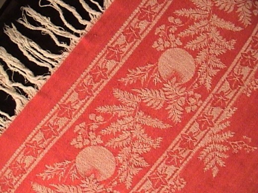 Cheery Antique Turkey Red Damask Tablecloth with Fringe