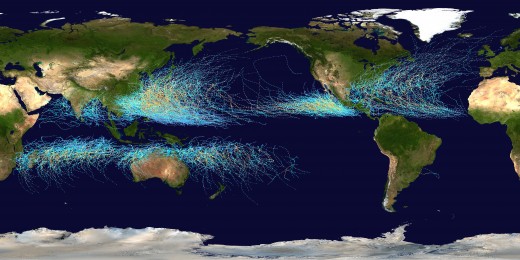This map shows the tracks of all tropical cyclones which formed worldwide from 1985 to 2005. The points show the locations of the storms at six-hourly intervals and use the color scheme shown to the right from Saffir-Simpson Hurricane Scale.