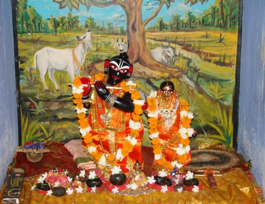 The beautiful idols of Lord Krishna & His divine consort Radha inside Radha Madhav temple