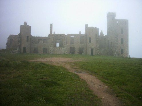 Slains Castle ruins on a foggy day