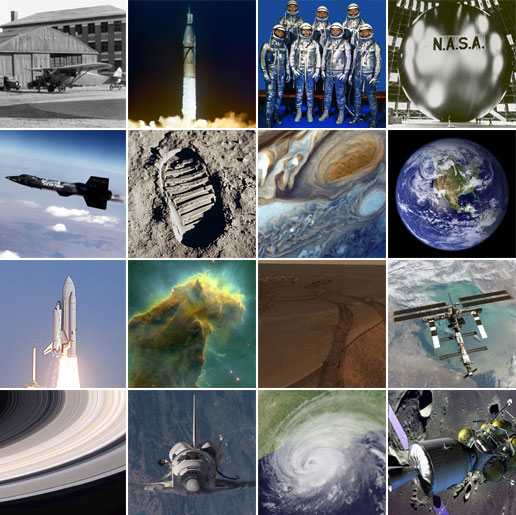 Poster celebrating the 47th Anniversary of NASA (2005). From NASA's predecessor 1931 original hangar to the iconic picture of the Earth; space explorations; Hubble images; Saturn rings, and satellite images are amongst NASA's many accomplishments. 