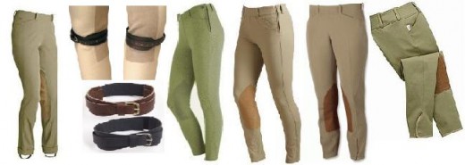 Pictured from Left to Right: Ariat All Circuit Kids Side Zip Jod, Traditional & Camelot Quick n EZE Garters, On Course Side-Zip, Ariat Olympia Low-Rise Side  Zip, Tailored Sportsman Trophy Side Zip, Tailored Sportsman Royal Hunter