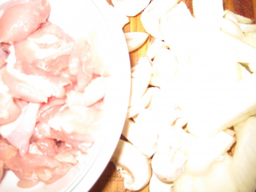 Dice the chicken, vegies up