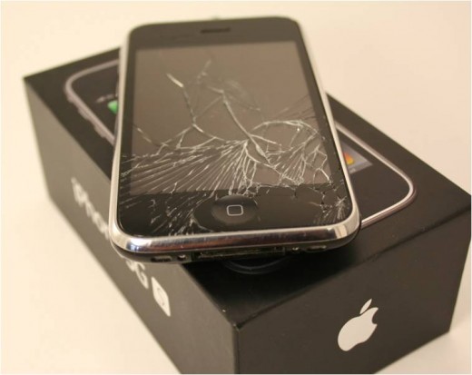 Shattered glass on the lower portion of the screen due to a face down impact on hard tile