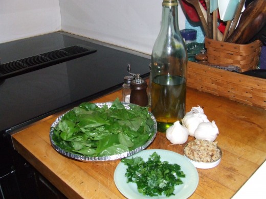 Basil, parsley, garlic, olive oil, chopped walnuts.