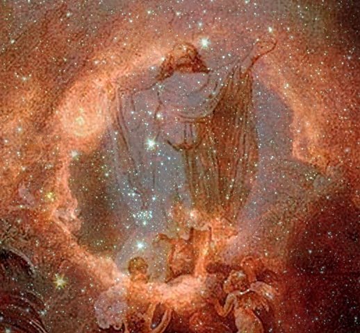 Rembrandt's ascension of Christ, against the backdrop of nebula RCW 79. Nebula courtesy NASA, PD-USGov. 