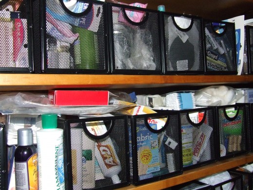 I took all the linens out of the linen closet. Put them in a cedar chest and measured the vertical space of the shelves. I hunted for containers that I would be able to see what was inside and at the same time be able to pull out for easy access. 