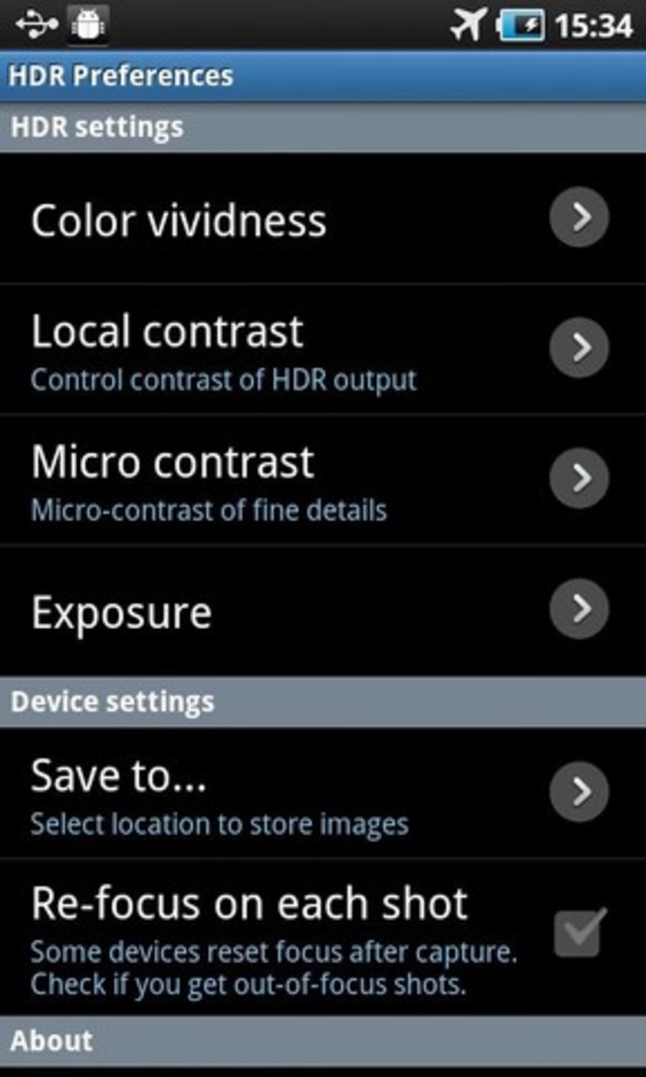 HDR Camera Settings page
