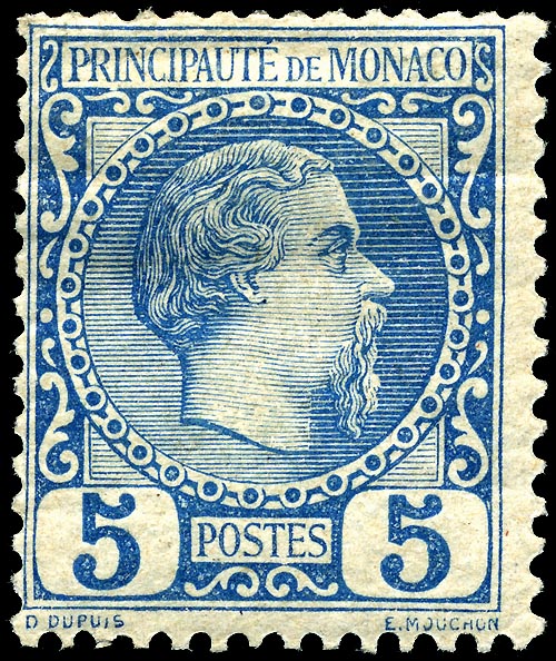 Monaco stamp representing Charles III. 5 centimes, blue edition, from the first series issued at Monaco to replace French stamps. Designed by O. Dupuis and engraved by Louis-E. Mouchon. 