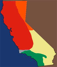 GREEN area shows the range of the Southern Pacific Rattler in The Golden State.