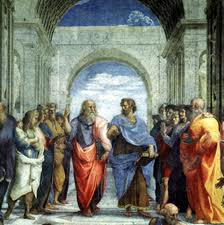 Plato and Aristotle conversing in Athens. 