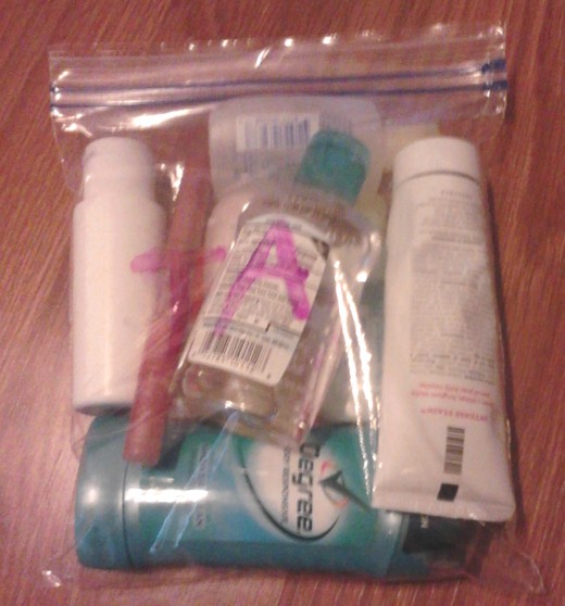 Either put it in your checked bag or follow the 3-1-1 rule. Buy bottles measuring at most 3 ounces of the toiletries and put them in a quart-size zipper-top bag as shown.
