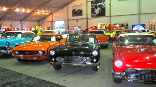 Cars up for auction at the Barrett-Jackson Auto Auction in Orange County, CA.