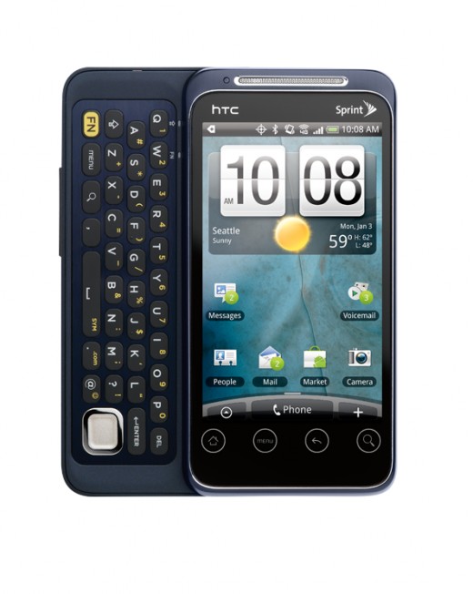 HTC EVO Shift 4G, with keyboard extended. You can see 4 rows of keys and a tiny directional pad. 