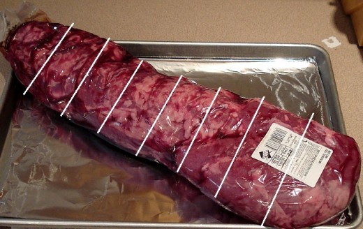 This one piece of tenderloin can be cut into 8 pieces of filet mignon. If you wish you can cut them thicker, but you get the idea! Wrap a piece of bacon around it if you wish, but I prefer the mignon as pure as possible.