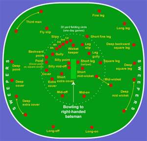 The red dots show the plethora of fielding positions on a cricket field. 