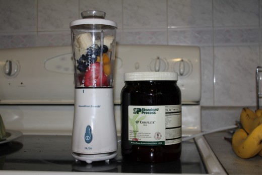 SP Complete powder, strawberries, blueberries and half of banana are just waiting for a cup of spring water. 