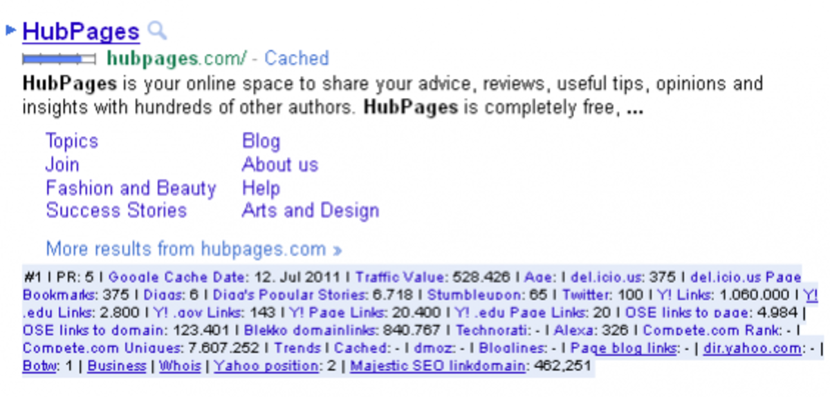 A sample search result with SEO For Firefox enabled