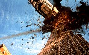 Scene from the movie Armageddon, where a stray piece of asteroid knocks down the Empire State Building. 