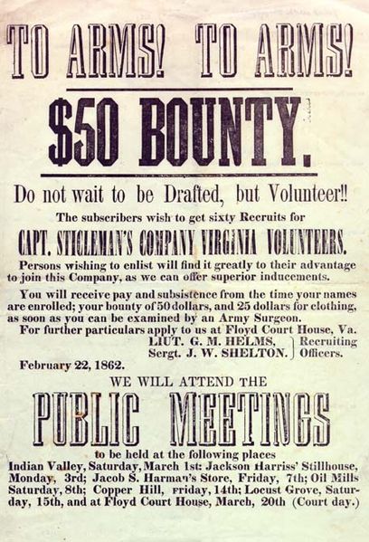 Recruiting poster for the Confederate States of America, Floyd County, Virginia, February 1862