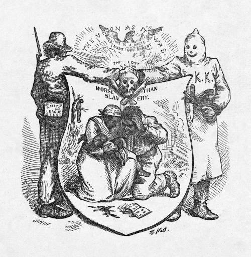 Anti-reconstruction cartoon showing the plight of blacks as "worse than slavery" between a Ku Klux Klan member and a conspirator.