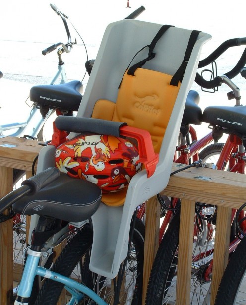Bike rental with childseat on back.