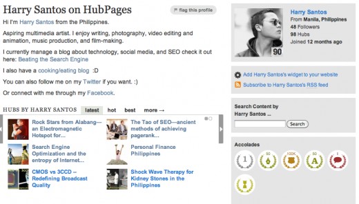 My HubPages profile showing my accolade of being a member for 1 year now