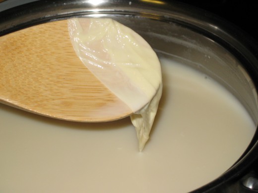 Delicious soymilk is ready!  The "tofu skin" is edible....it's yummy!  