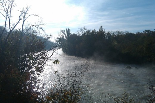 Morning steam rising off the river.