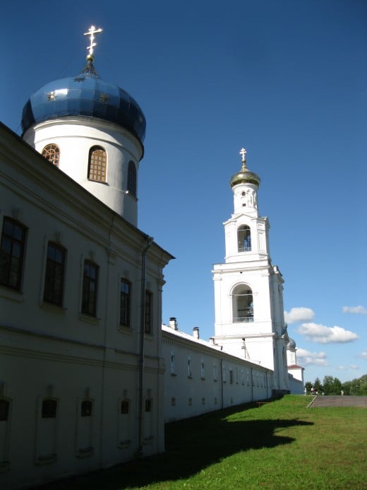 Bell tower over entrance to St. George Monastery in Veliky Novgorod, Russia