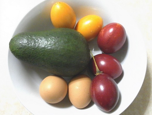 avocado, salted eggs and tamarillos