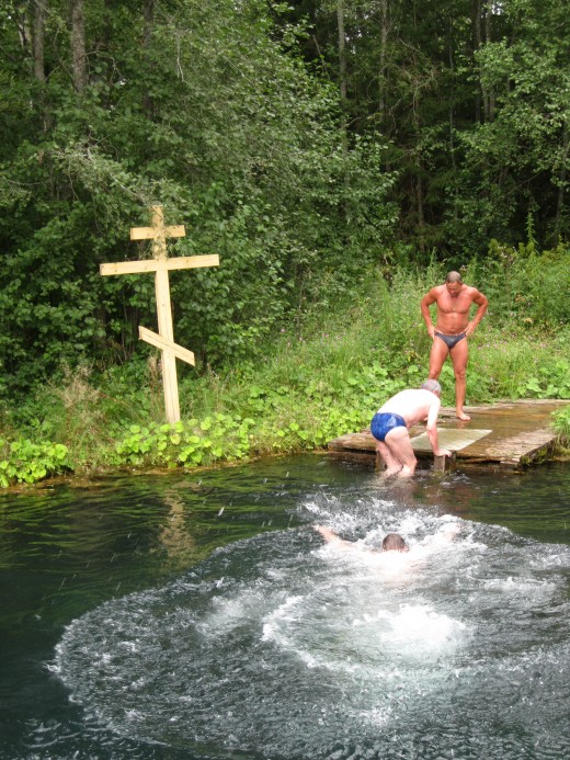 Me completing my swim across the sacred spring. (Spring located in vicinity of Valday District of Novgorod Oblast, Russia)