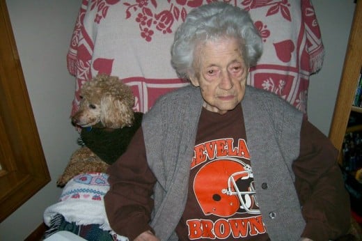 Buttons & Great Grandma - she was his official babysitter!  Buttons lived to be almost 105 in dog years; Grandma lived to be almost 103.  They adored each other!