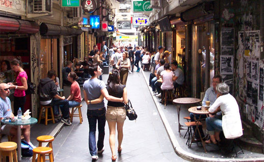 A quaint laneway of Collins Street in Melbourne CBD. These little laneways are great places to grab a quick bite or relax over a hot cup of coffee.