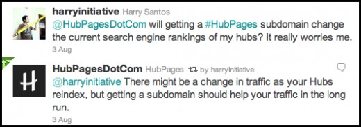 HubPages reply to my Twitter query regarding the subdomain
