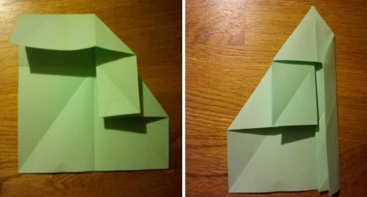 The first image shows folds made on the right side to form the head (making the "fat arrow"). The second image shows the double folds made on the right side to form the first part of the legs (the "thin arrow").