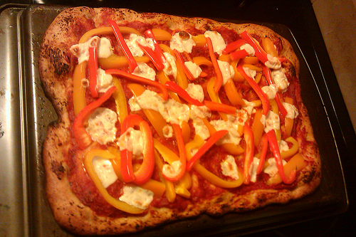Bell Pepper Pizza cooked on an upside down cookie sheet.