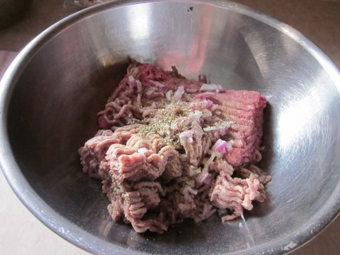 Combine Ground Lamb and Ground Beef with spices. Mix well.