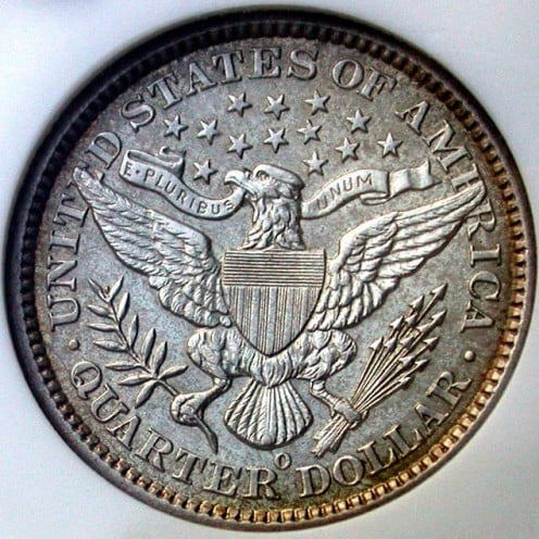 1893O Silver Barber Quarter Reverse. Mintmark can be observed below the Eagle. O is for the New Orleans Mint. Photo: coinpage.com