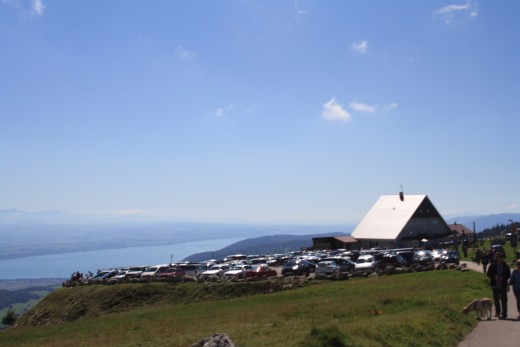 Chasseral, Switzerland - Panorama of 3 Lakes, Forest and Alp Mountains, parking and Hotel