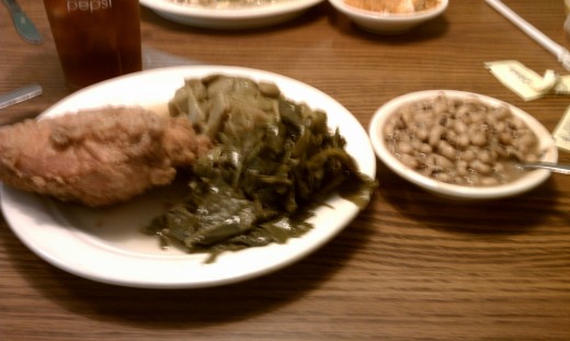Ricks Uptown Cafeteria in Greenwood SC. Here is what's for lunch: fried chicken, black eyed peas, collards and pole beans.